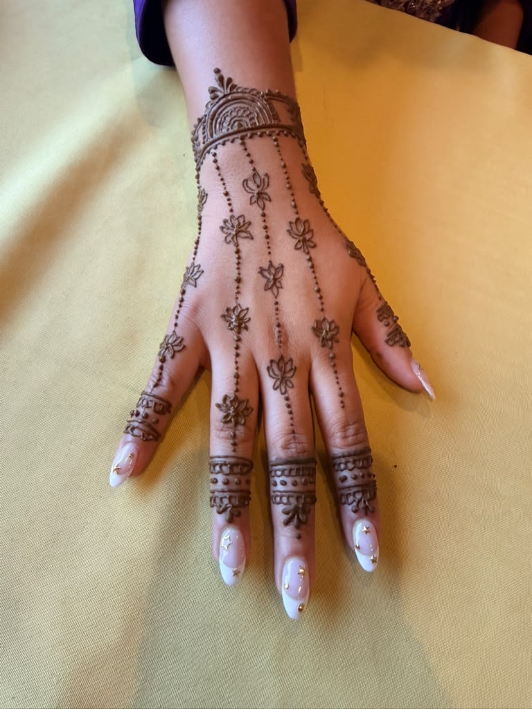 Floral henna designs on both hands